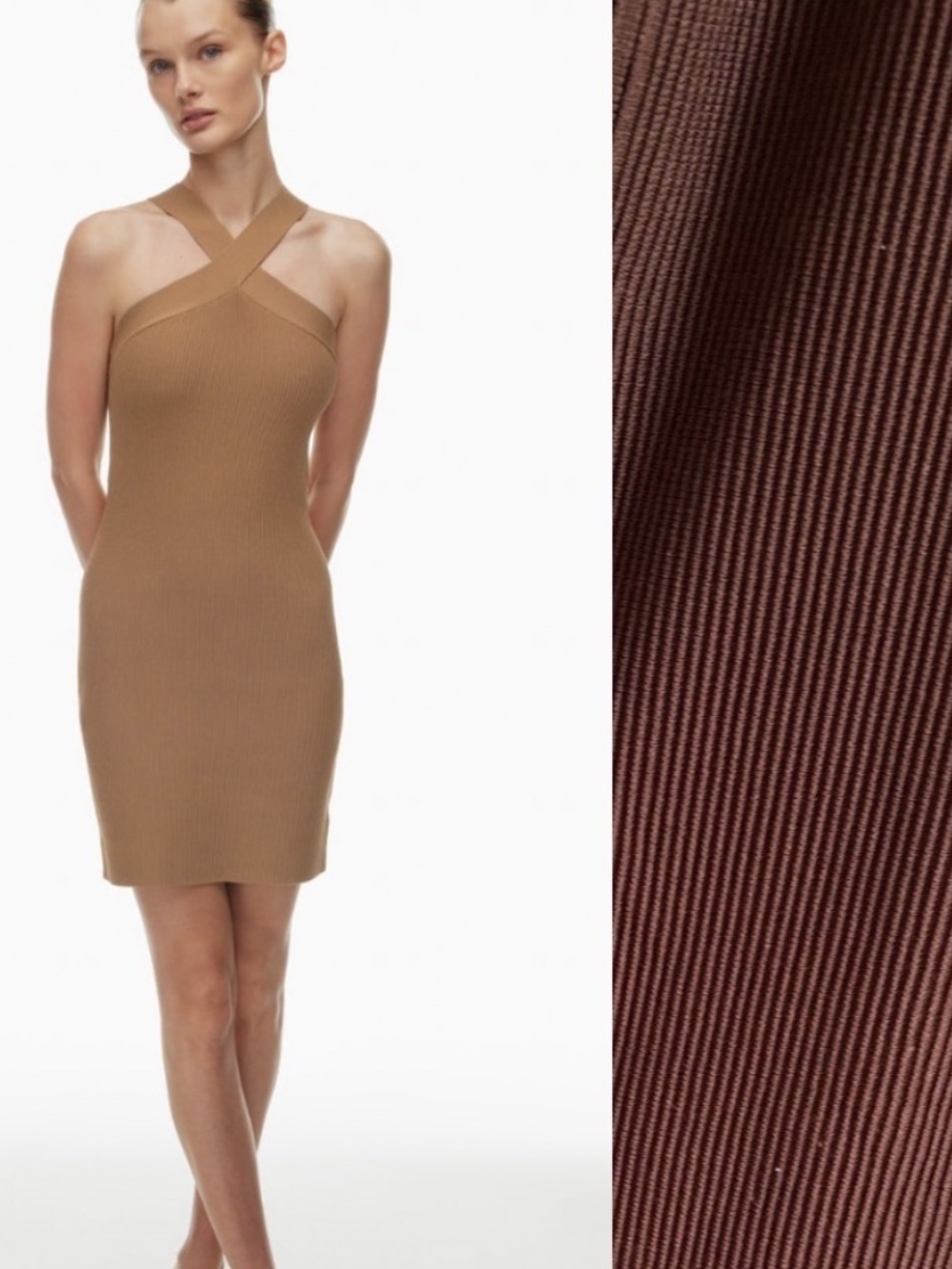 Aritzia Babaton Sz M Sculpt Knit Criss Cross Brown Mini Dress